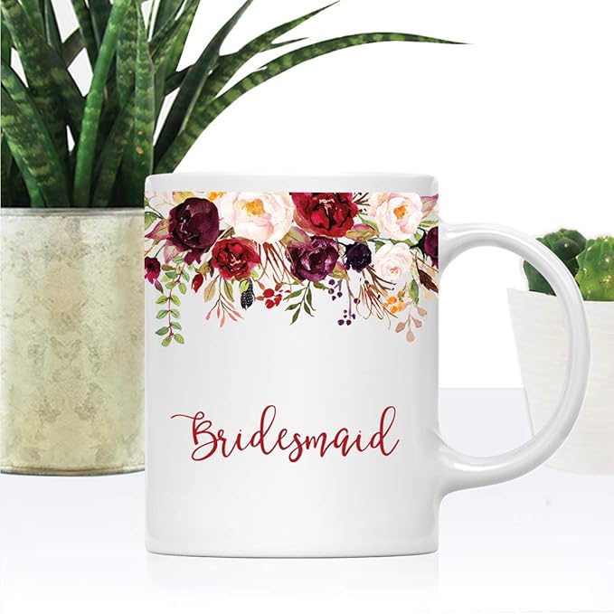 Andaz Press 11oz. Wedding Ceramic Coffee Tea Mug Gift, Fall Autumn Marsala Burgundy Flowers Roses Florals, Bridesmaid, 1-Pack, Includes Gift Box
