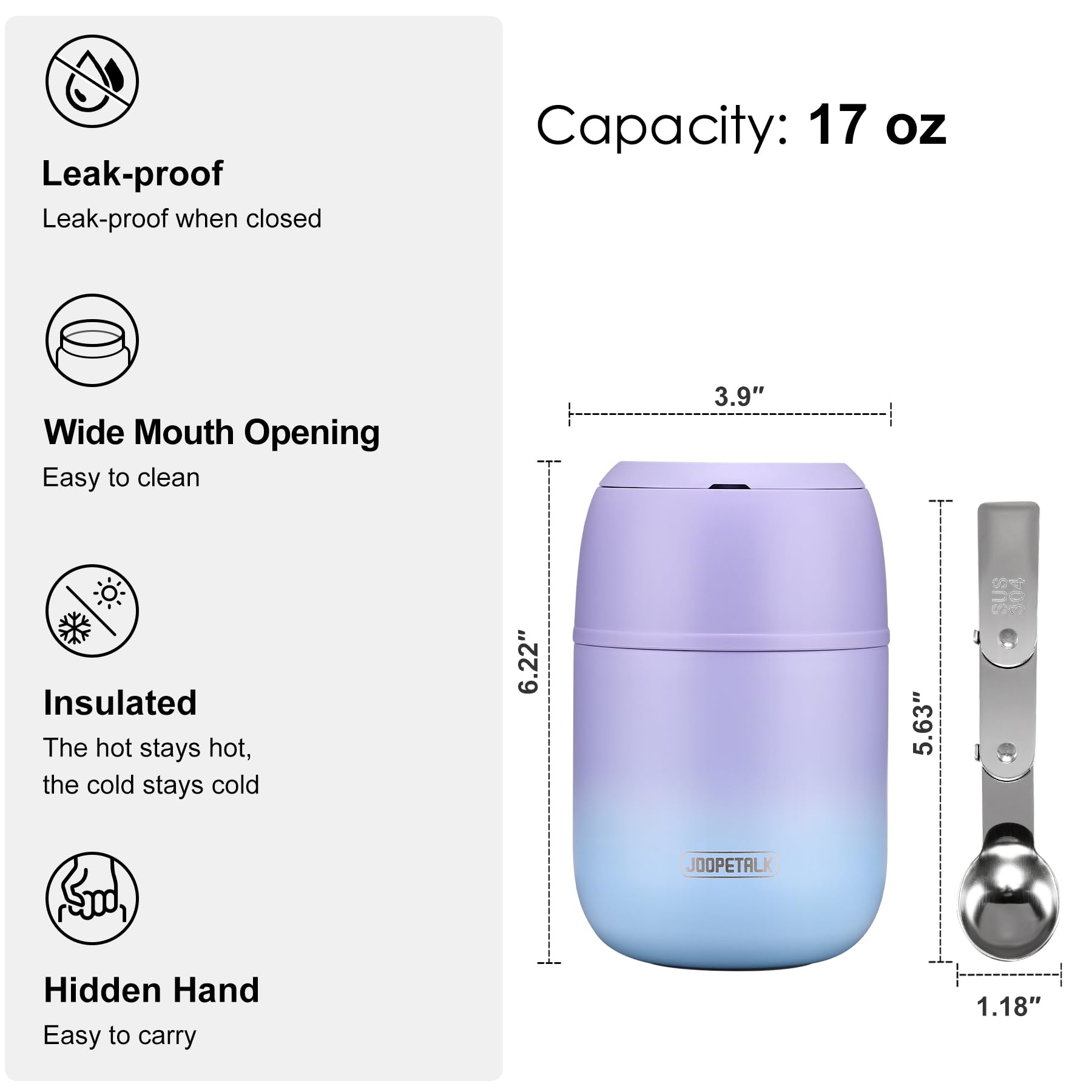 17 oz Insulated Lunch Containers Hot Food Jar, Wide Mouth Lunch Thermo for Hot Food Kids Adults, Vacuum Stainless Steel Thermo Lunch Box With Handle Folding Spoon for School, Office(Purple blue)