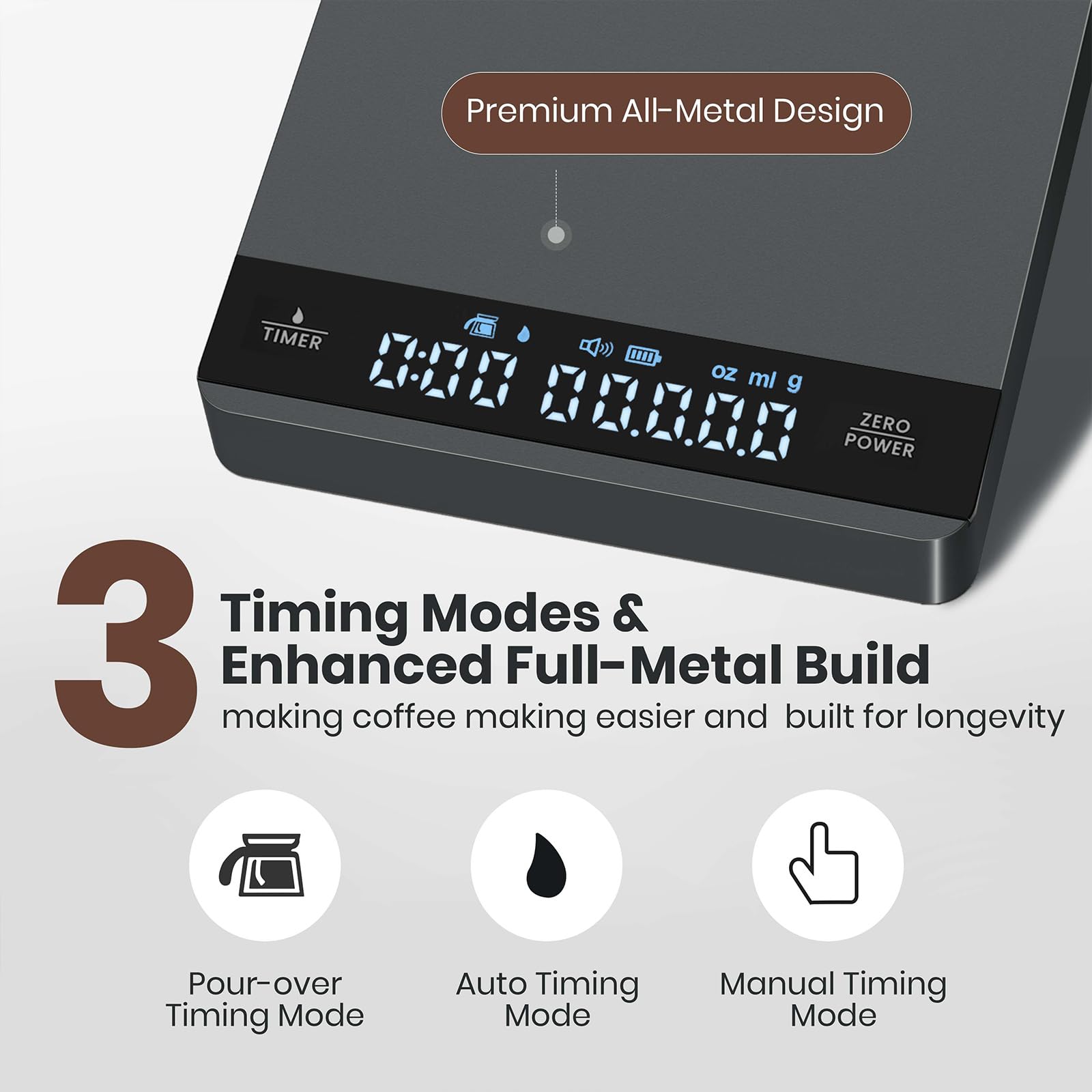 Maestri House S1 Metal Mini Espresso Coffee Scale with Timer, 2kg/0.1g