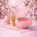 Marce Matcha Whisk Set- Matcha Set includes Matcha Whisk and Bowl with Spout, Sifter, Holder and Scoop- The Perfect Bamboo Whisk for Matcha Tea (Pink Flowers)