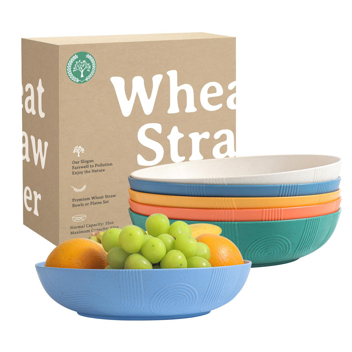 Homienly 65 oz Large Salad Bowls Wheat Straw Big Bowls 10 inch Serving Bowls Wheat Straw Plates Bowl Set of 6 Wide and Shallow Bowl for Kitchen Dishwasher Safe-Beige