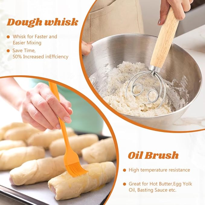 Danish Dough Whisk with Sourdough Scoring Tool, Bread Making Tools Baking Supplies, Dough Hook Dutch Whisk, Bread Lame, Bench Scraper & Pastry Brush, Set of 6(6pcs,COLOR:silver)