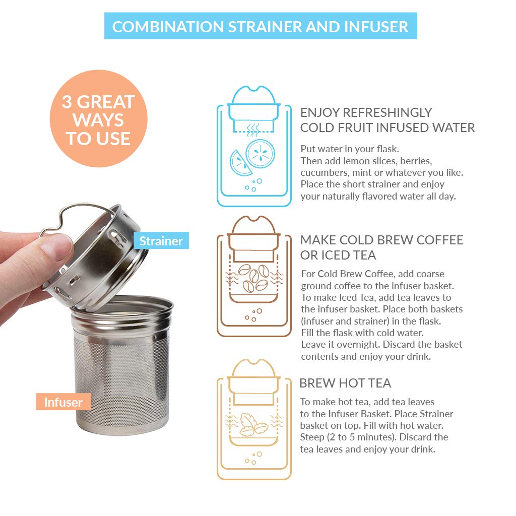 MIRA 18 oz Tea Infuser Thermo - Stainless Steel Travel Bottle with Removable Strainer for Loose Leaf Tea - Insulated Hot & Cold Brew Steeper - White