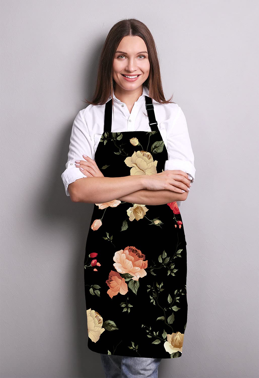 Lefolen Watercolor Floral Pattern with of Roses Adjustable Bib Apron Kitchen Cooking Baking Gardening Apron for Women Men