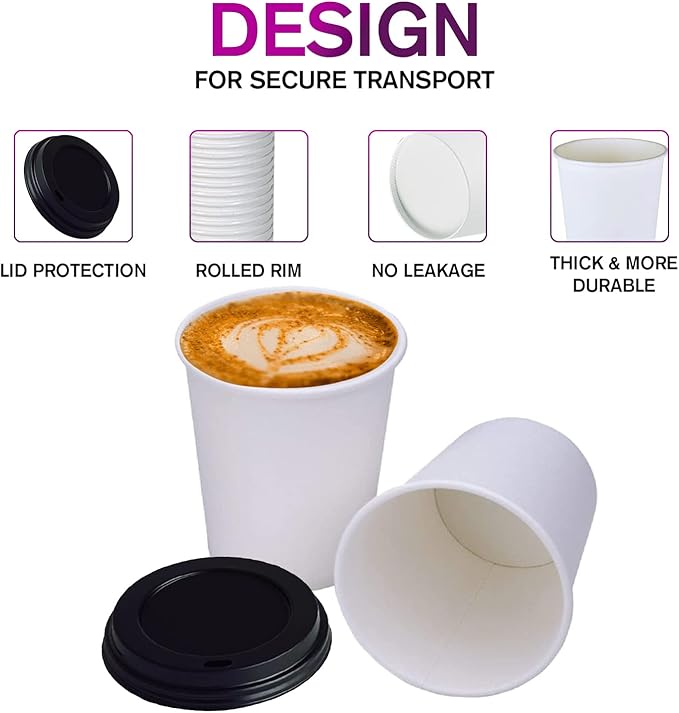 Smygoods White Disposable Paper Coffee Cups with Lids (12 OZ, 100 Count) For Hot Beverages, Tea, Espresso, Cocoa - To Go Drink Containers, Café & Office