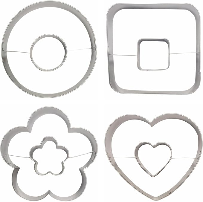 Large Size Donut Design Cookie Cutters Set of 4 pcs, Stainless Steel 4 Shapes Cream-filled Doughnut Fondant Cutter Molds Baking DIY (Round + Square + Heart + Flower)