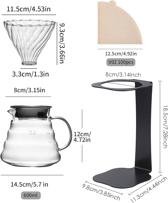 Coffee Pour Over Set – Complete Pour Over Coffee Maker with Dripper, Pot, and 100 Filters | Portable Style Drip Coffee Pour Over
