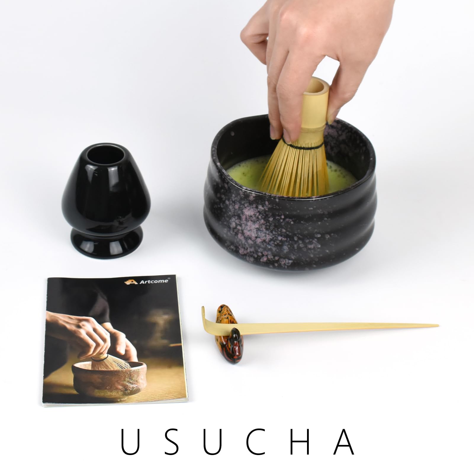 Artcome Matcha Ceremony Kit for Japanese Tea Ceremony, Traditional Matcha Bowl, Whisk, Tea Scoop, Matcha Powder Strainer, Matcha Tea Set For Making Usucha, Koicha and Matcha Latte (Black)