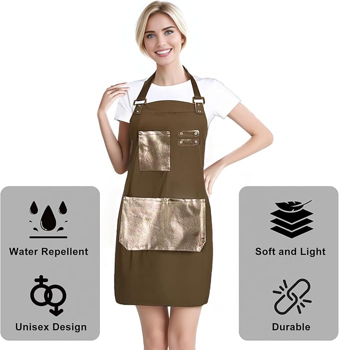 Barista Waitress Chef Cooking Aprons Waterproof Canvas Hair Stylists Apron with 3 Pockets for Women