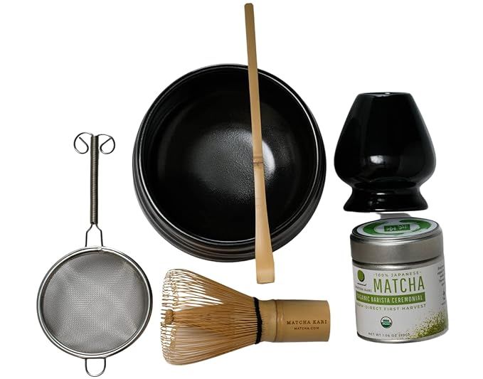 Matcha Kari Dr. Weil Complete Tea Set - Black - Japanese Ceremonial Organic Matcha with Whisk and Holder, Ceramic Bowl, Sifter, and Scoop