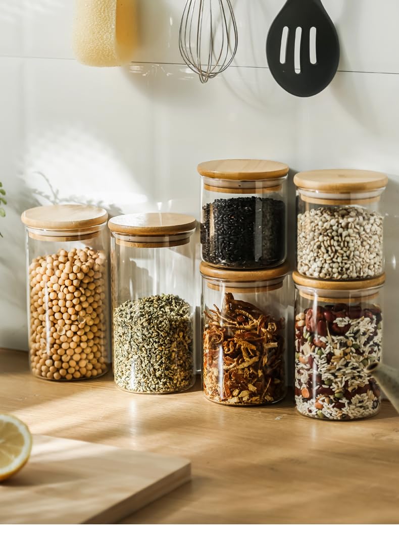 SHOWIN Glass Food Storage Jars, Glass Jars with Bamboo Lids, Kitchen Storage Jars, Canisters with Airtight Lids for Spice, Coffee, Cookie, Set of 5, Pantry Organizers