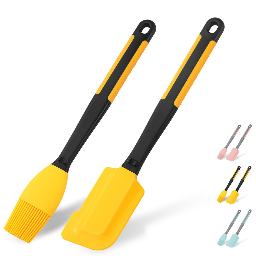 Extra Long Silicone Pastry Brush+Spatula - Heat Resistant, for Baking, Scraping, Mixing, BBQ, Grill, Kitchen, Cooking, Spread Oil, Butter (Yellow Brush+Spatula)