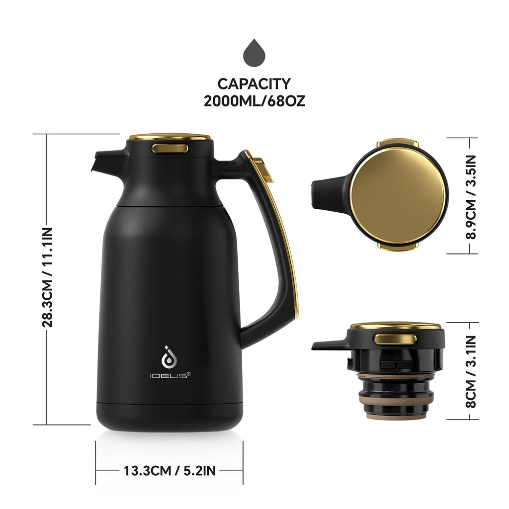 IDEUS Thermal Coffee Carafe, Stainless Steel Double Wall Insulated Vacuum Flask, Water Jug Coffee Server and Beverage Dispenser, Heat and Cold Retention (Black-Gold, 68, Fluid Ounces)