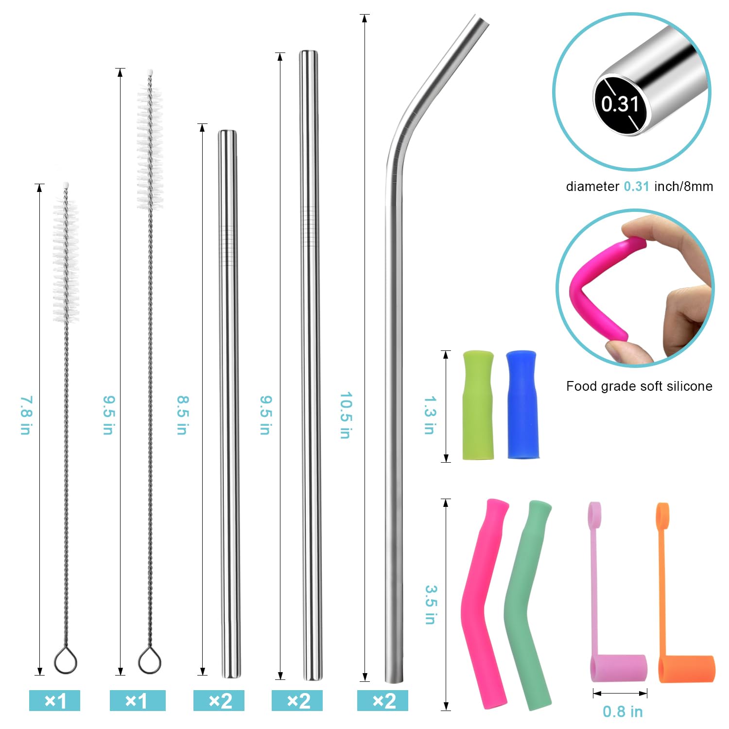 Reusable Stainless Steel Straws Set 6 PCS with 6 Silicone Tips, 2 Straw Brush, 1 Storage Case, Different Sizes of Metal Straws Reusable, Suitable for 14, 20, 30 oz Cups Tumbler, for Hot/Cold Drinks