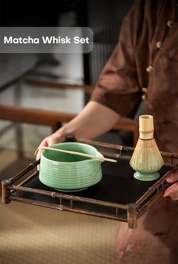 Matcha Whisk Set - 4PCS Matcha Set Includes Matcha Bowl with Spout, Matcha Whisk Holder, Bamboo Whisk and Bamboo Scoop, Ceramic Matcha Kit