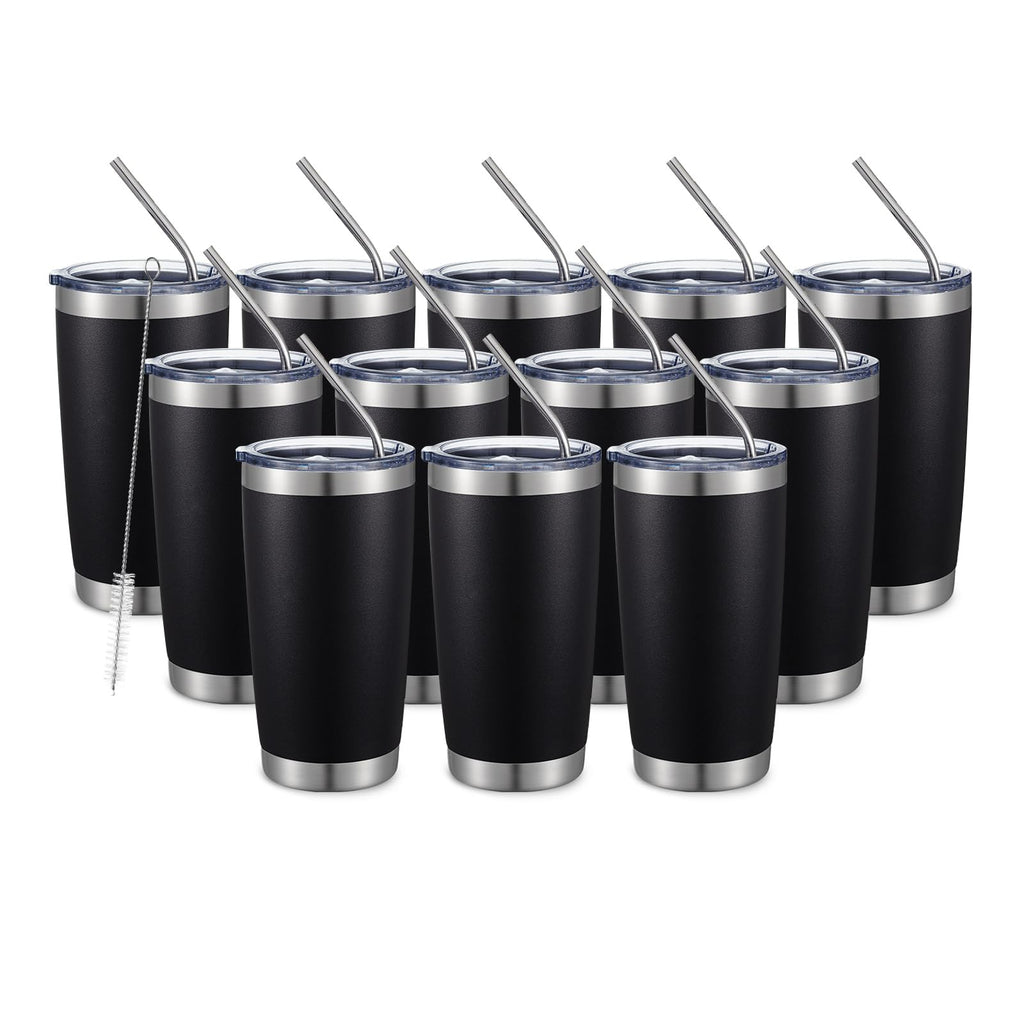 COMOOO 20oz Double Wall Vacuum Insulated Travel Mug, Stainless Steel Tumbler with Lid and Straw Durable Powder Coated Insulated Coffee Cup for Cold & Hot Drinks (Black, 12 pack
