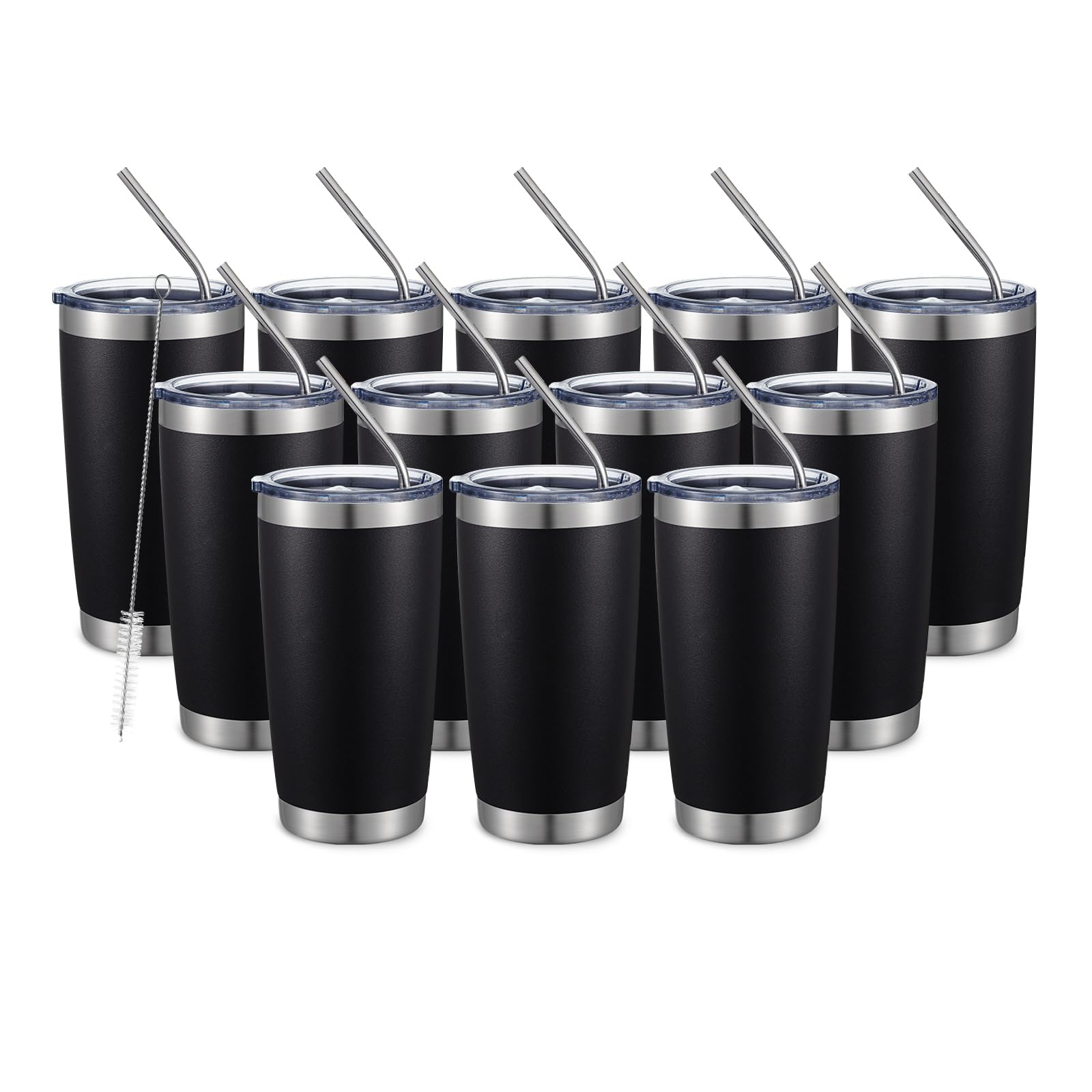 COMOOO 20oz Double Wall Vacuum Insulated Travel Mug, Stainless Steel Tumbler with Lid and Straw Durable Powder Coated Insulated Coffee Cup for Cold & Hot Drinks (Black, 12 pack