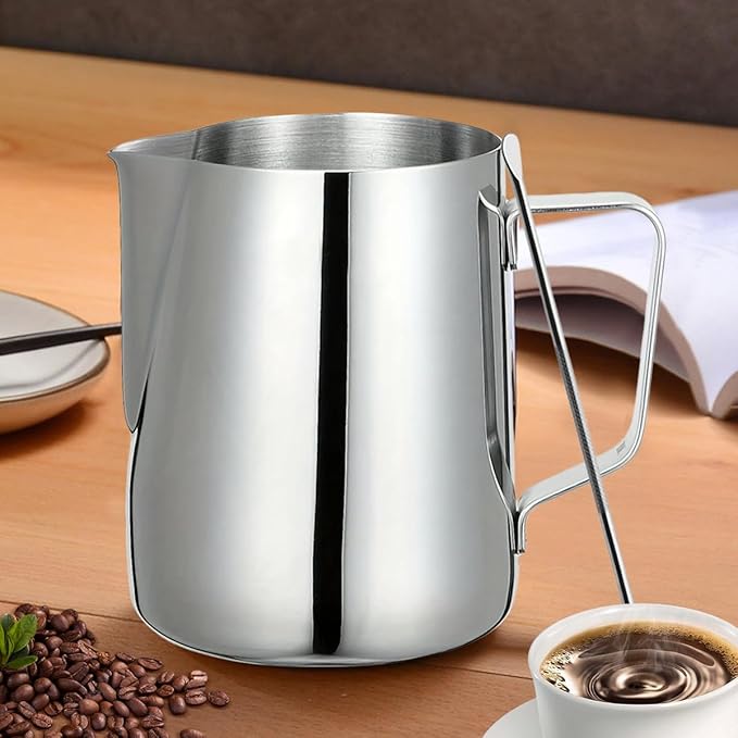 4Pieces Stainless Steel Milk Frothing Pitcher Set, Latte Art Barista Steaming Pitchers Set -Include Milk Frother Cup, Latte Art Pen, Powder Shaker, 5pcs Coffee Decorating Stencils (600ml/20oz)
