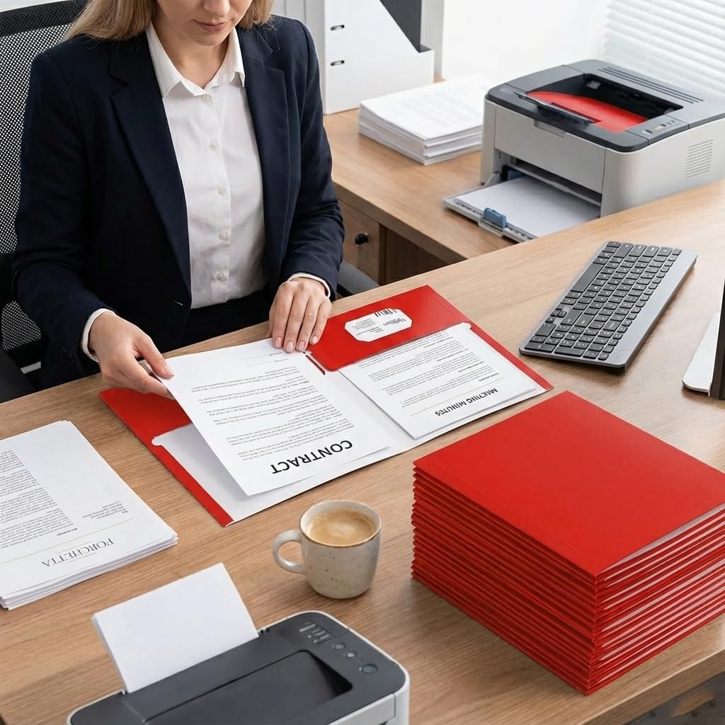 Zzrywuty File folders with Pockets,Red Two folders for documents,25 Pack Paper Folders with Card Slot,Letter Size,School Students,Business,Home and Office Workers