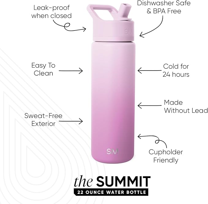 Simple Modern Water Bottle with Straw Lid | Vacuum Insulated Stainless Steel Metal | Reusable Leak Proof BPA-Free Cup for School | Summit Collection | 22oz, Violet Dreams