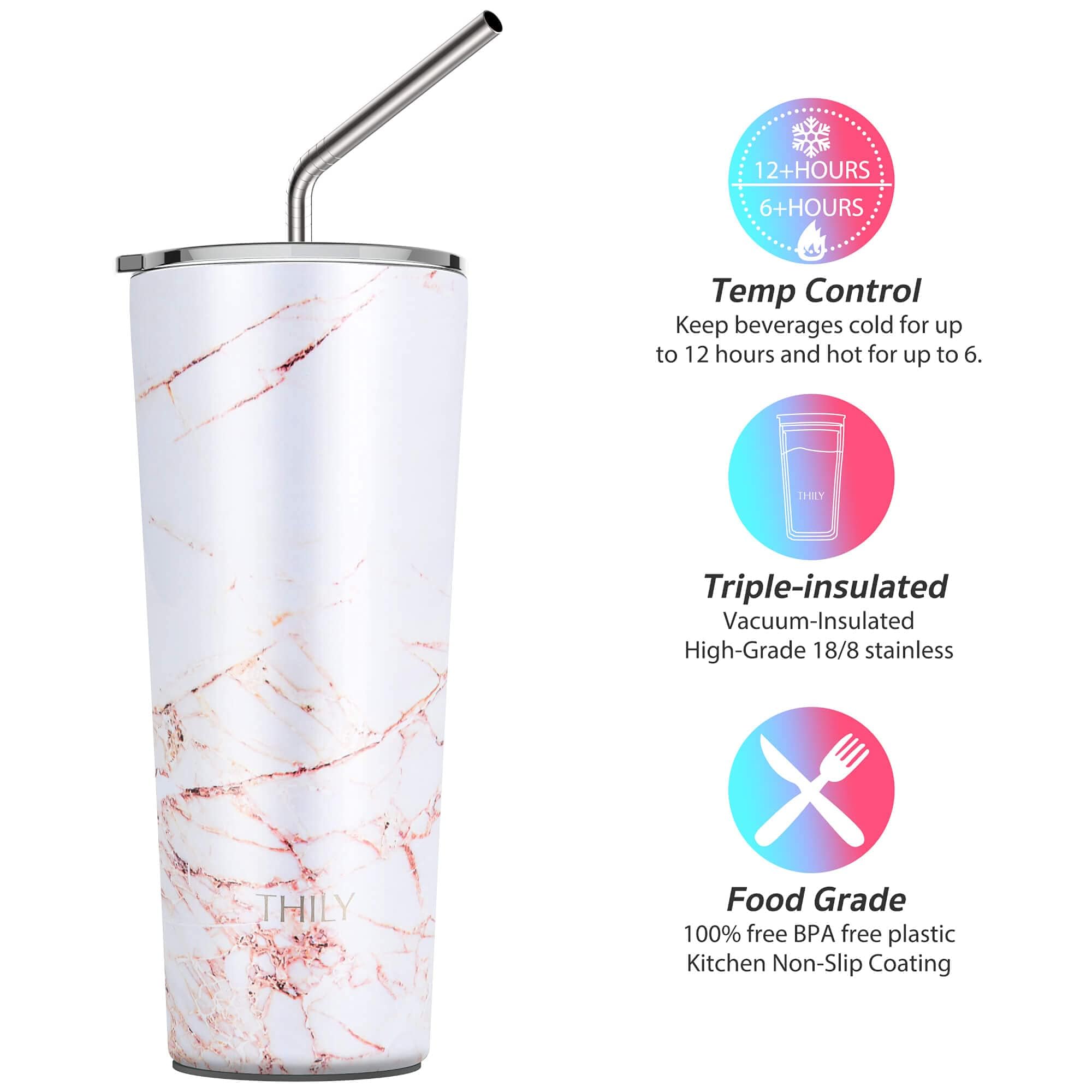 THILY Stainless Steel Vacuum Insulated Tumbler Travel Mug 26 oz Coffee Cup with 2 Lids and Straws, Splash Proof, Keep Ice Drinks Cold, Gold Marble