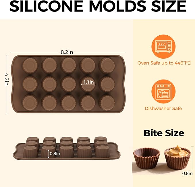 Peanut Butter Cup Mold, 15 Cavity Chocolate Candy Molds, Silicone Baking Mold for Snack Size Mini Peanut Butter Cup, Jelly, and Cordial, Pack of 2