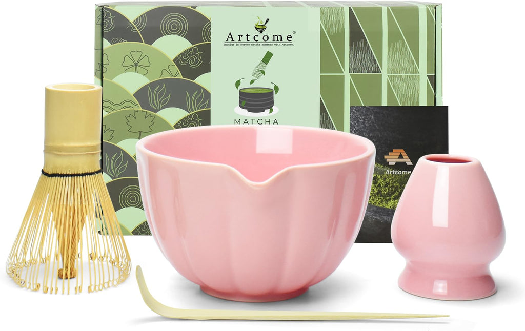 Artcome 4 Pcs Japanese Matcha Tea Set - Matcha Bowl with Pouring Spout, Matcha Whisk, Tea Scoop, Whisk Holder, Handmade Matcha Ceremony Kit For Japanese Tea Ceremony, Rose