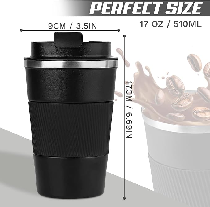 Vacuum-Insulated Stainless Steel Travel Coffee Mug, Leak-Proof Reusable Coffee Cup with Lid - Keep Hot & Cold Drinks for Hours, Durable Thermos Tumbler for Men & Women (3rd-Black, 17OZ)