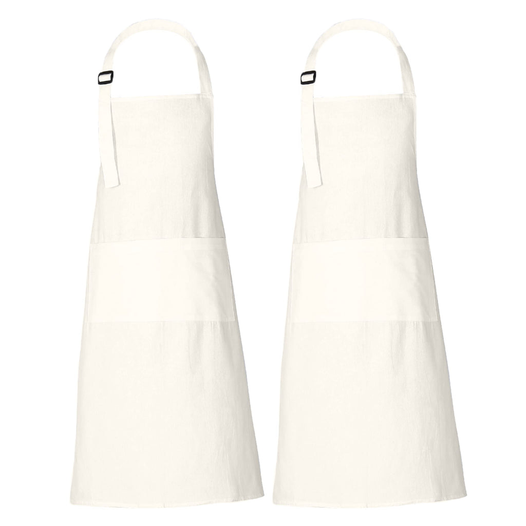 RAJRANG Chef Apron for Women Men with Pockets Cotton Kitchen Cooking Full Length Plain Aprons Marshmallow 35x27 Inches, Pack of 2