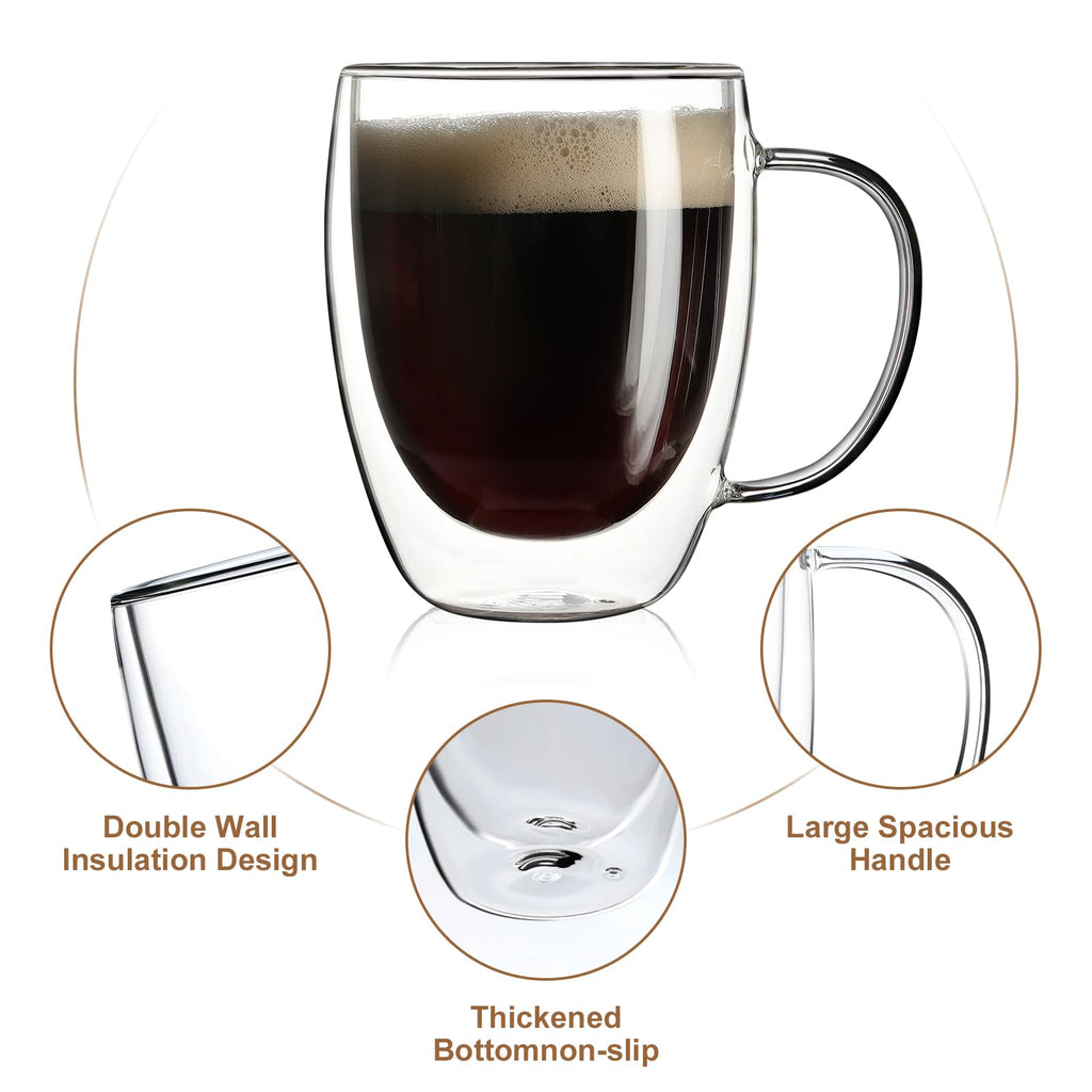 Aurzen 2 Pack Double Walled Glass Coffee Mugs with Handles, Large Insulated Layer Coffee Cups, 12oz Clear Borosilicate Mugs, Perfect for Cappuccino, Tea, Microwave Safe