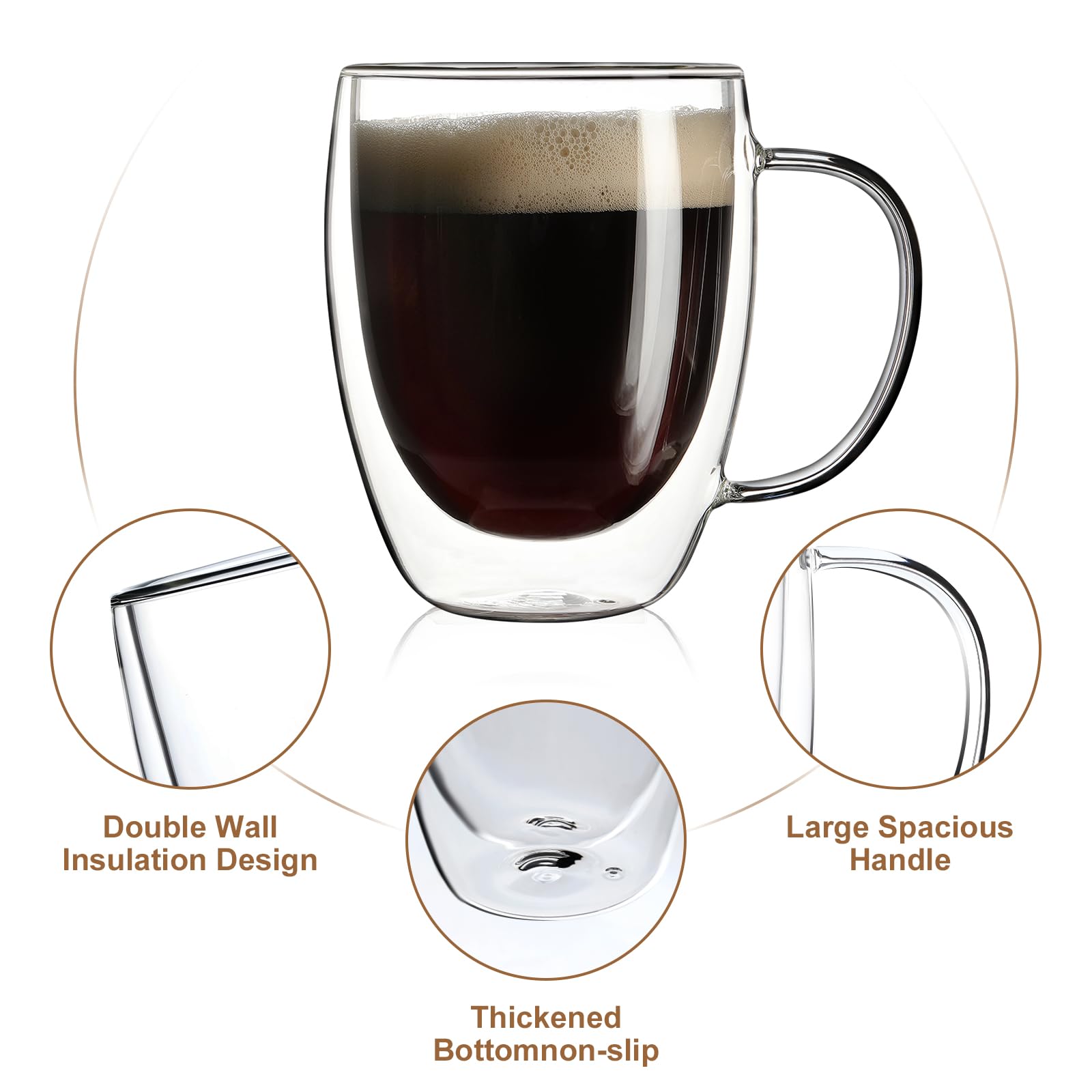 Aurzen 2 Pack Double Walled Glass Coffee Mugs with Handles, Large Insulated Layer Coffee Cups, 12oz Clear Borosilicate Mugs, Perfect for Cappuccino, Tea, Microwave Safe