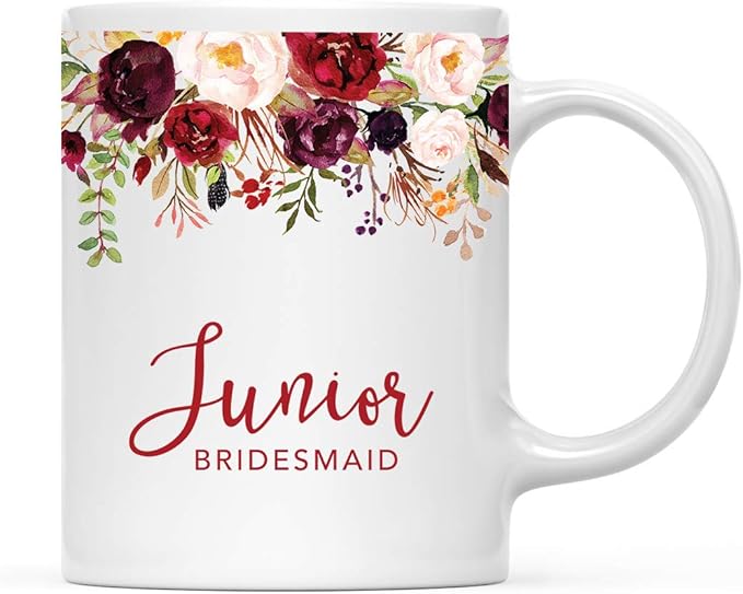 Andaz Press 11oz. Wedding Ceramic Coffee Tea Mug Gift, Fall Autumn Marsala Burgundy Flowers Roses Florals, Junior Bridesmaid, 1-Pack, Includes Gift Box