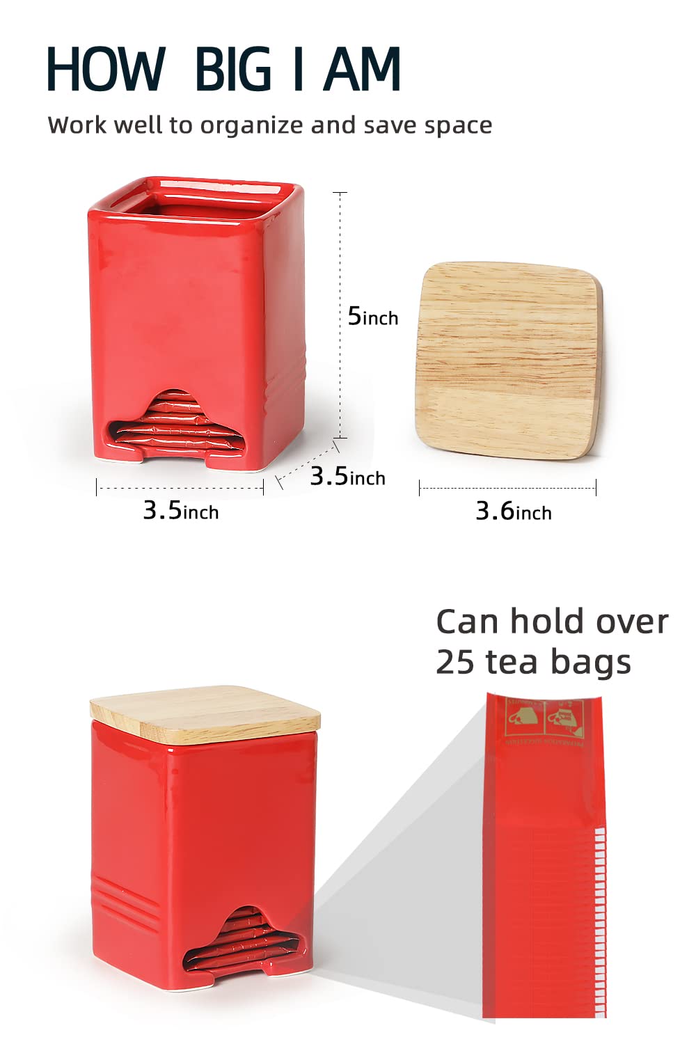 QUXIJA Ceramic Tea Bag Storage Organizer Caddy Holder with Lid (Red)