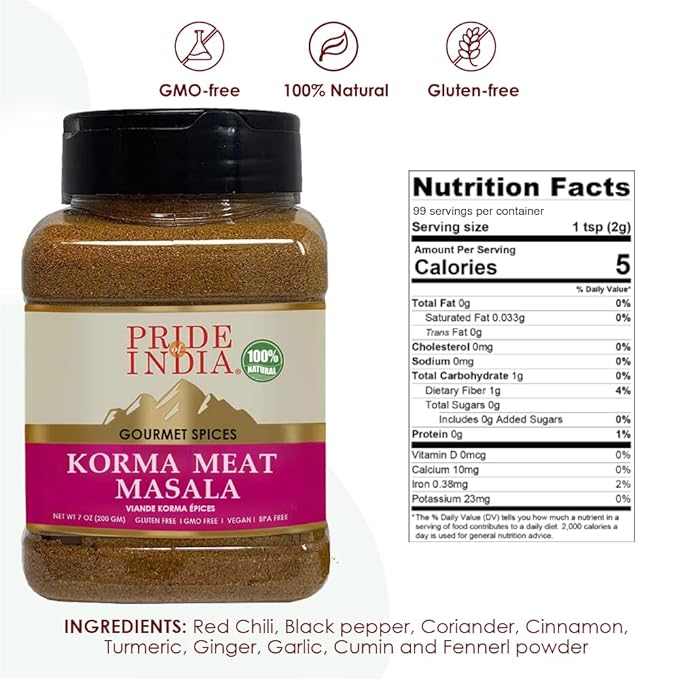 Pride of India – Korma Meat Masala Mix – Ideal for Traditional Meat/Lamb Curry – Gourmet & Flavorful – Seasoning Spice Blend – 7 oz. Medium Dual Sifter Jar