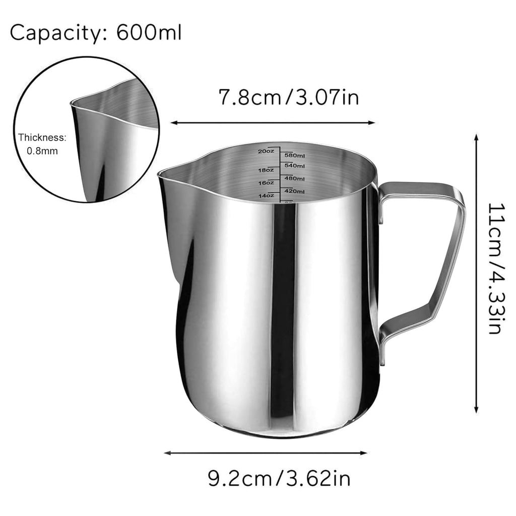 SIKEMAY Milk Frothing Pitcher Cup, 20oz/600ML Milk Frother Cup Stainless Steel Steaming Pitcher Milk Jug Coffee Latte Art Cappuccino Espresso Machine Accessories for Barista Steam Pitchers Tools