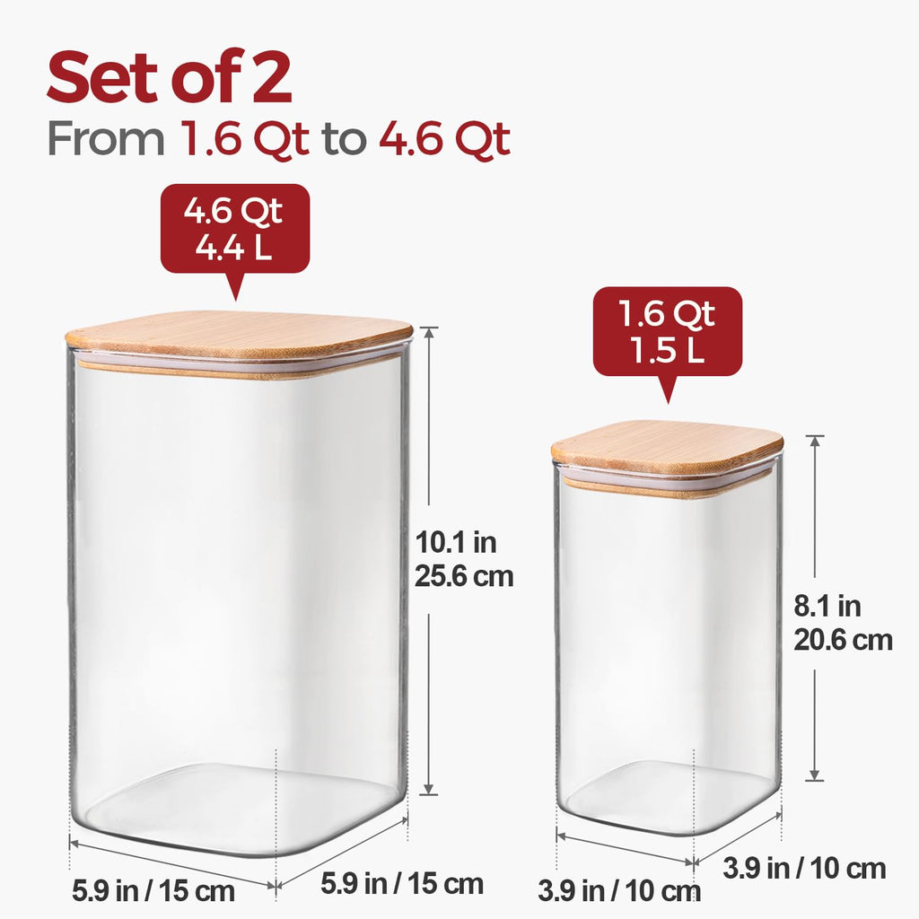 KTMAMA Glass Flour Containers with Bamboo Lids 1.6/4.6 Qt 2 Pack