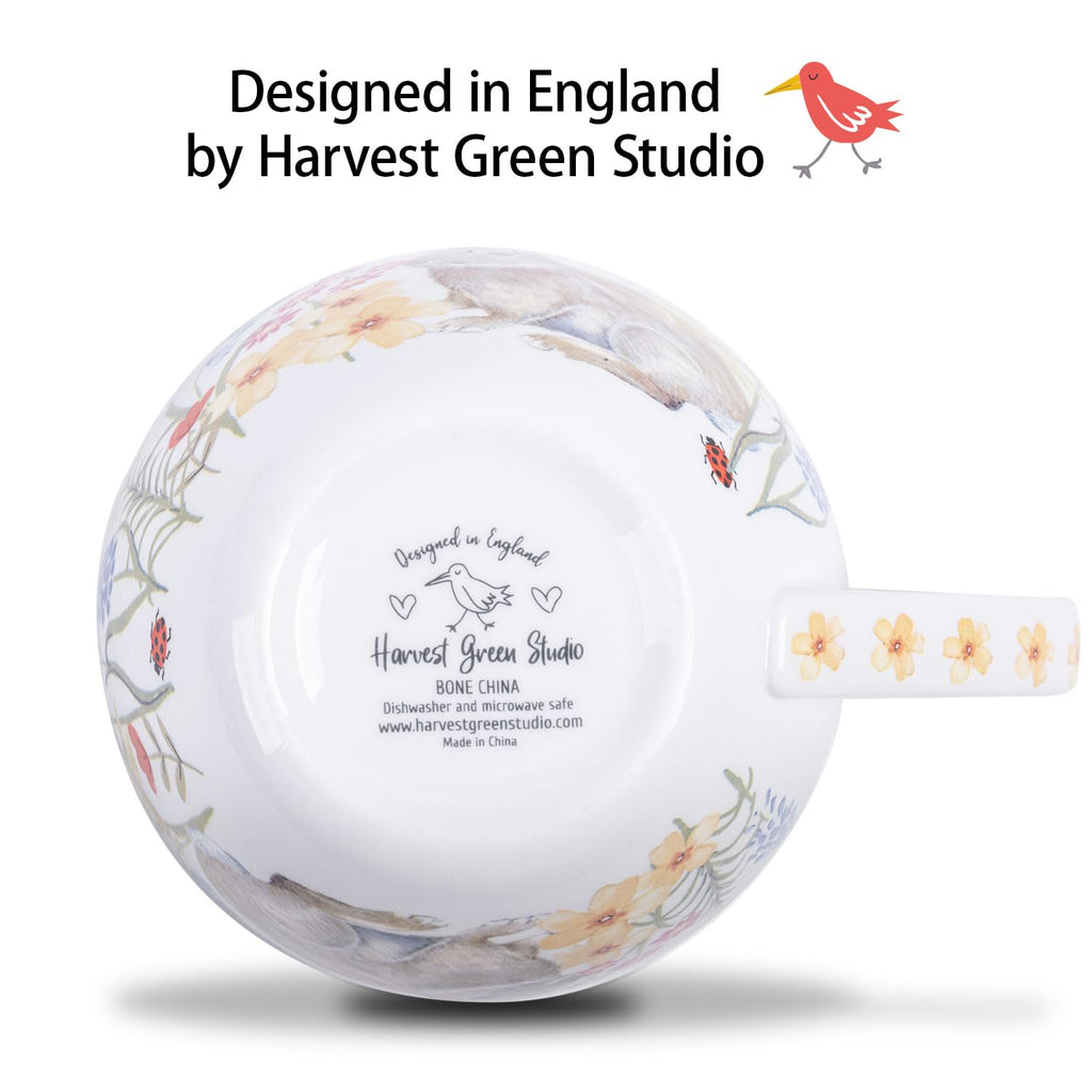 MFoffice 20 oz Bunny Coffee Mug with Spring Flowers & Happy Days Slogan, Premium Bone China Rabbit Coffee Cup, Cute Garden Gift for Women, Family&Friends, Designed in England by Harvest Green Studio