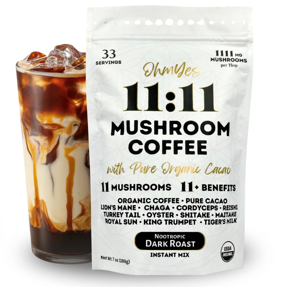 OhmYes Mocha Mushroom Coffee with Pure Cacao | Organic Mushroom Coffee, 11-Mushroom Blend (Lion’s Mane, Reishi, Chaga, Cordyceps) | Organic Instant Coffee, Cocoa Flavanols | Unsweetened | 7oz