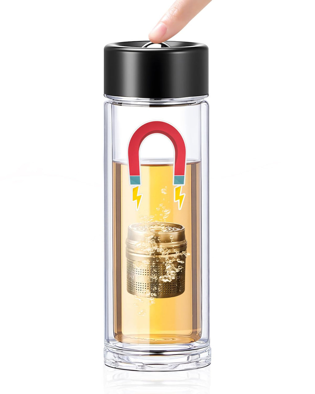 TEAVOR MagnaDrop Tea Tumbler – Double Wall Glass Tea Infuser Cup with Magnetic Steep Control & Bead Switch, Leakproof Travel Mug for Loose Leaf, 12.5oz