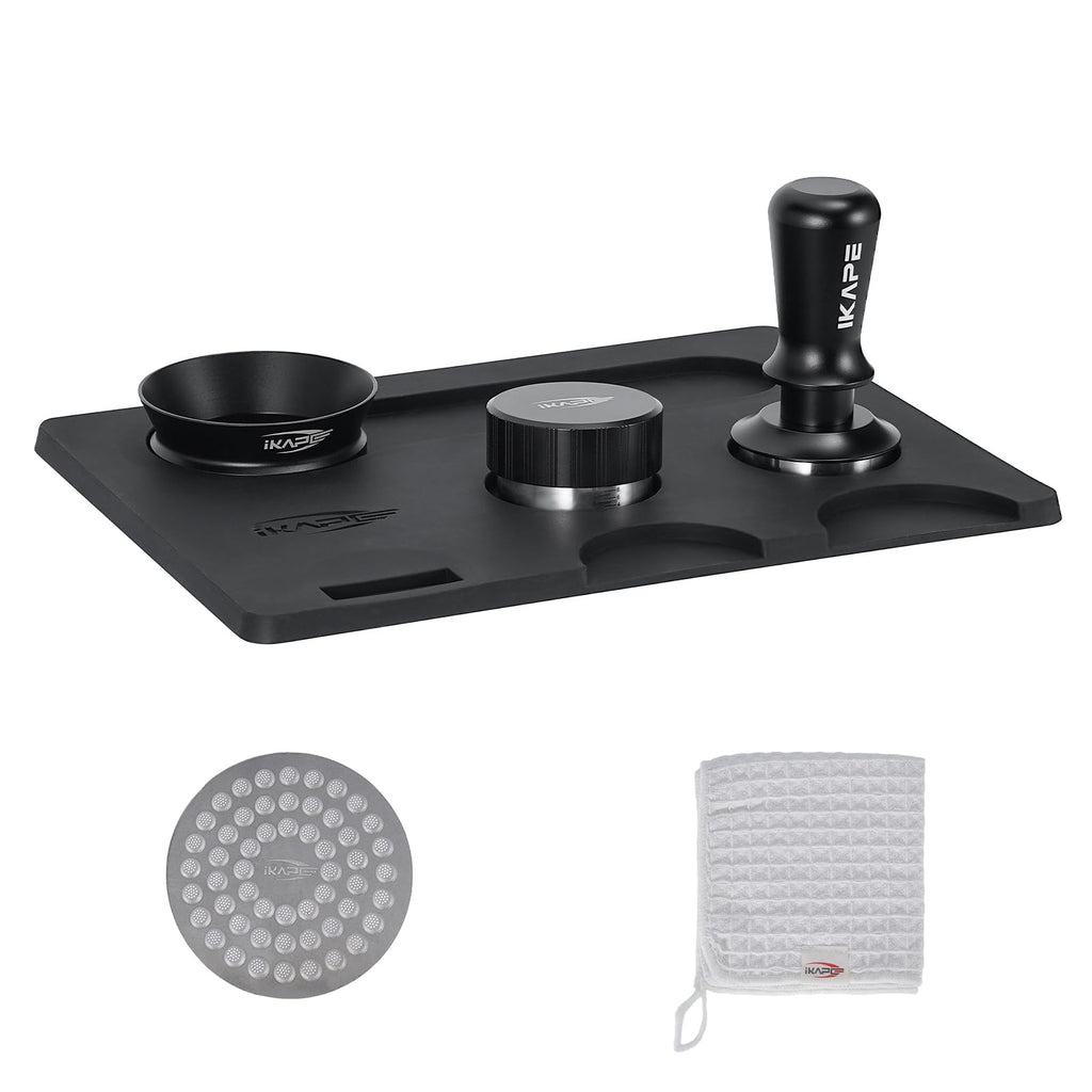 IKAPE 53MM Coffee Tamper Set Black 6 IN 1, Espresso Tamper, Distributor, Magnetic Dosing Funnel, Silicone Mat, Puck Screen, Cleaning Towel