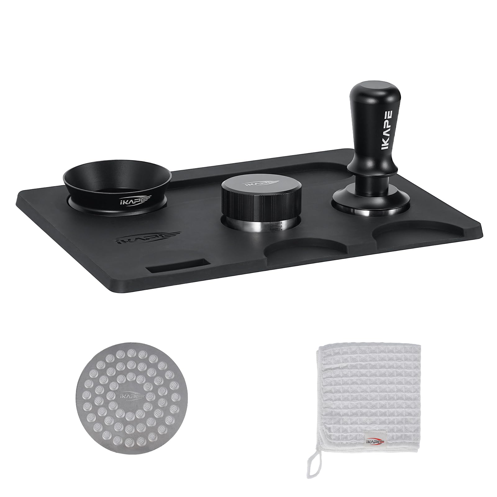 IKAPE 53MM Coffee Tamper Set Black 6 IN 1, Espresso Tamper, Distributor, Magnetic Dosing Funnel, Silicone Mat, Puck Screen, Cleaning Towel