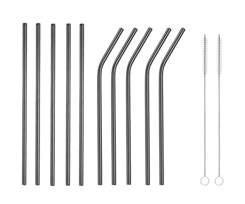 10 Pcs Stainless Steel Straws, Reusable Drinking Straws, 5 Straight + 5 Bent Metal Straws Set With 2 Pcs Cleaning Brushes (Rose Red, 10.5 Inch)