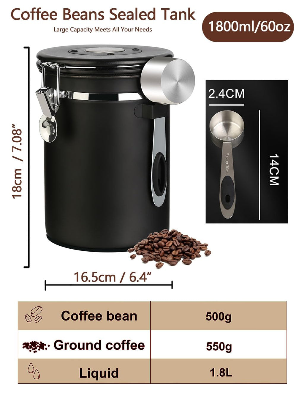 Walktosun Coffee Canister Airtight Storage Container Stainless Steel Coffee Jar with Scoop,Date Tracker CO2 Release Valve for Dry Food Beans Ground Tea Flour Cereal and Sugar
