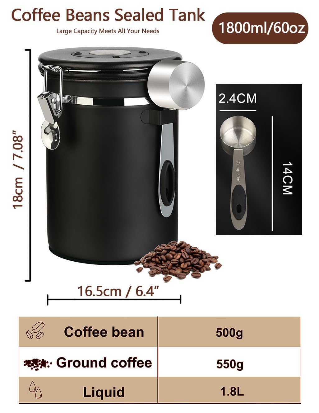 Walktosun Coffee Canister Airtight Storage Container Stainless Steel Coffee Jar with Scoop,Date Tracker CO2 Release Valve for Dry Food Beans Ground Tea Flour Cereal and Sugar