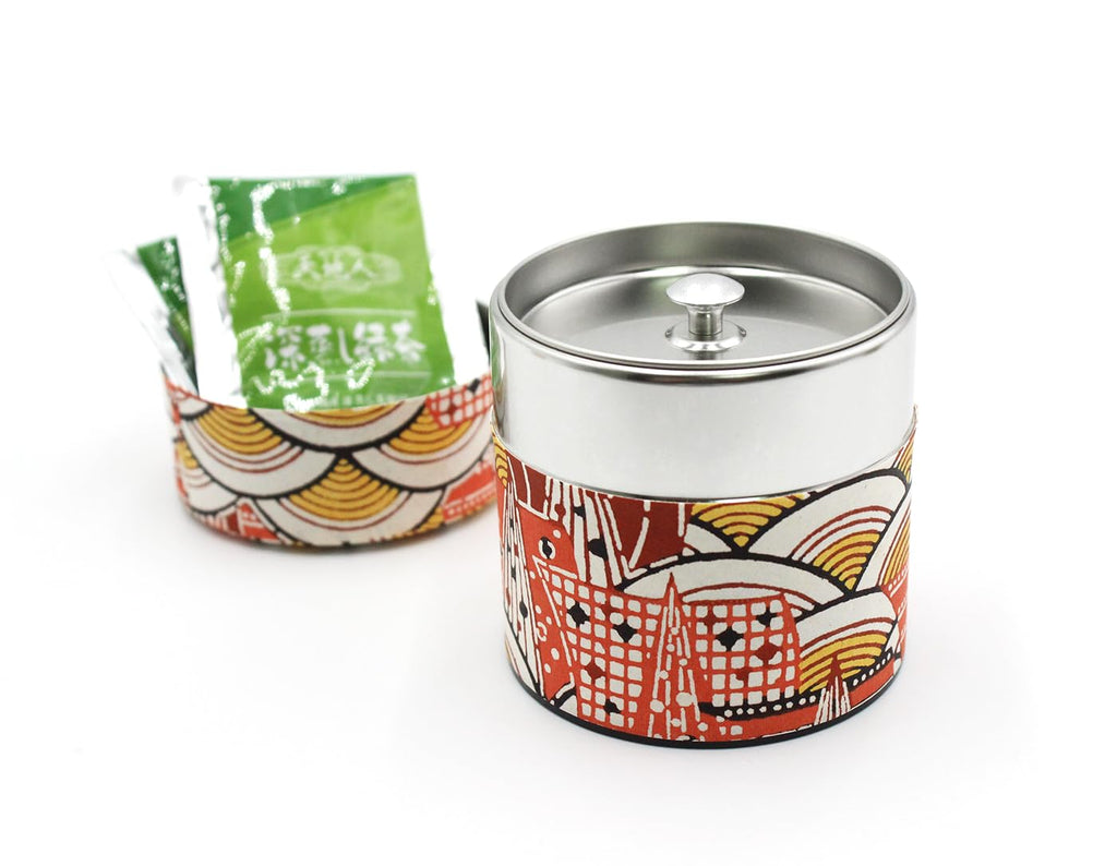 Waraku Fuuka Japanese Pokkan Matcha Coffee Spice Tea Tin Canister Washi Paper Storage with Lid 7.05 oz Capacity (Modern Seigaiha, S)