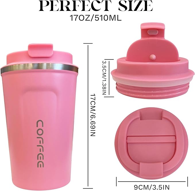 YINBAOGE Insulated Travel Coffee Mug Spill Proof Leak Proof Pobtable To Go Camping Stainless Steel Coffee Tumbler Reusable Coffee Cups with Lids Thermos for Hot and Cold Drink (2nd-Pink, 17 OZ)