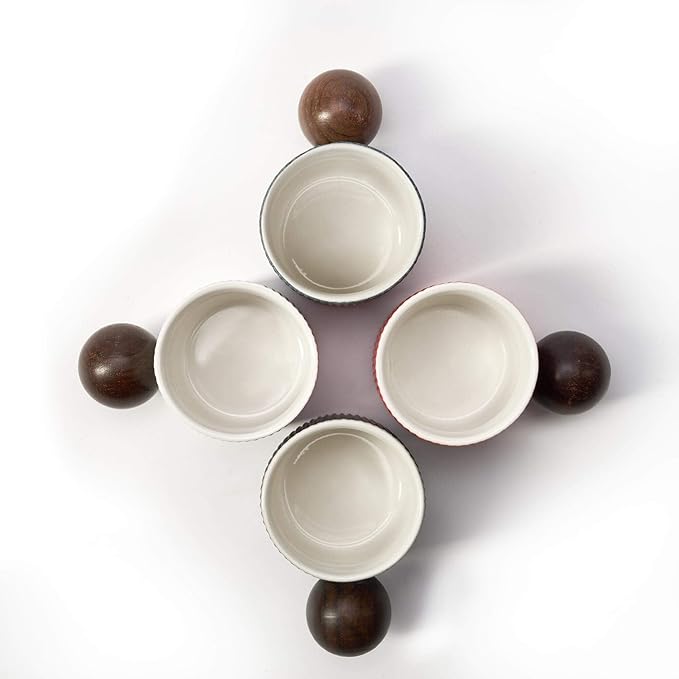 Ceramic Mini Espresso Cups Demitasse Cups with Round Wooden Handle Vertical Stripes Tea Cups (Black/White, 2pcs)