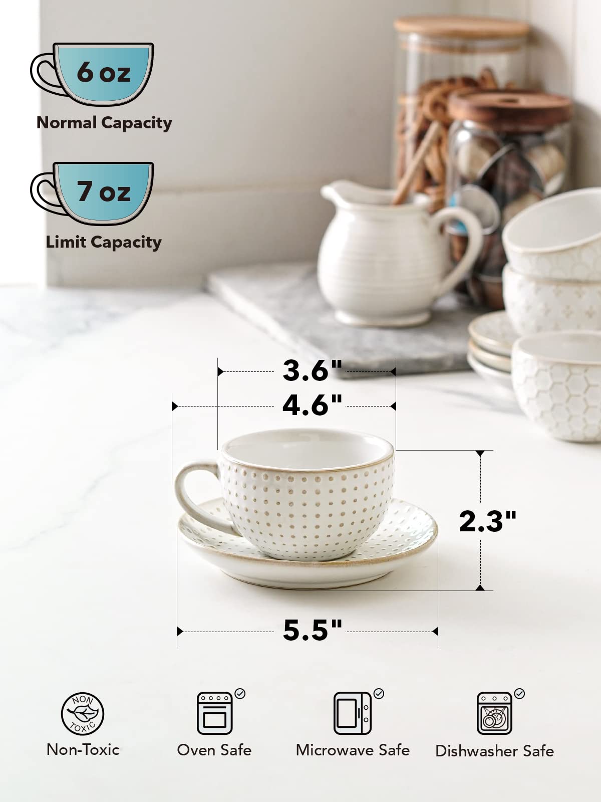 LE TAUCI 6 oz Cappuccino Cups with Saucers, Ceramic Espresso Coffee Cup Set of 4, for Latte, Cafe Au Lait, Flat White, Tea, Dishwasher & Microwave Safe, Housewarming Gift, Embossed, White