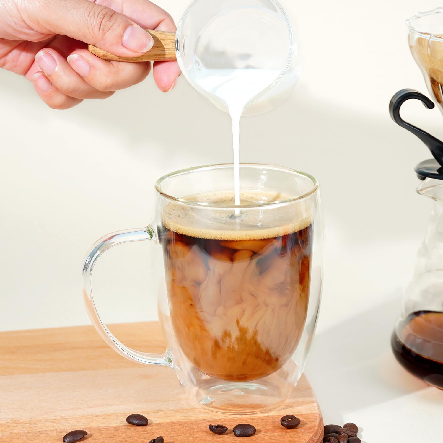 GOROGILE Double Wall Glass Coffee Mugs 12 OZ, Clear Coffee Cup With Handle,Insulated Coffee Mugs Set of 2 With Spoons Perfect for Espresso, Cappuccino, Latte, American,Tea Bag, Beverage