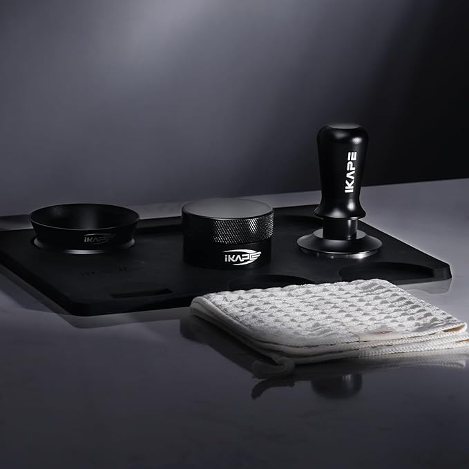 IKAPE 53.3MM Espresso Tamper Kit Black 6 IN 1, Espresso Tool Kit with Coffee Tamper, Distributor, Magnetic Dosing Funnel, Silicone Mat, Puck Screen, Cleaning Towel